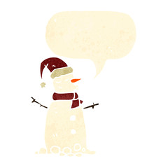 retro cartoon snowman with speech bubble