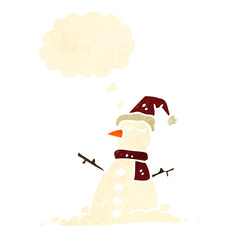 retro cartoon snowman with thought bubble