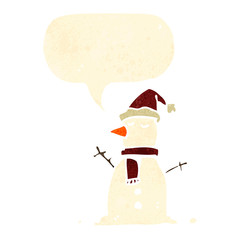 retro cartoon snowman with speech bubble