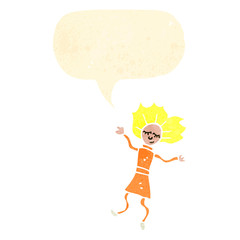 retro cartoon doll with speech bubble