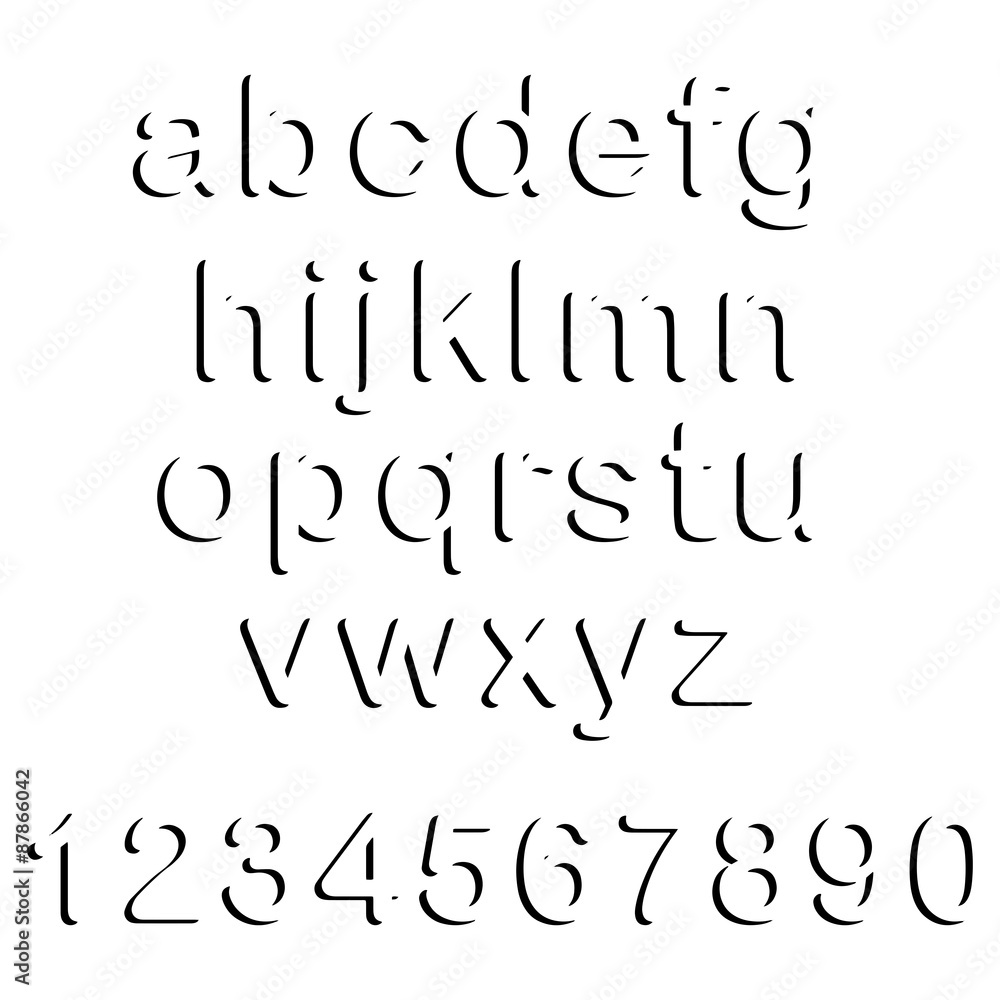 Fototapete illustration vector of black shadow lowercase font set and numbe