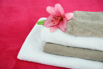 Obraz na płótnie Canvas Freshly laundered fluffy towels in bedroom interior