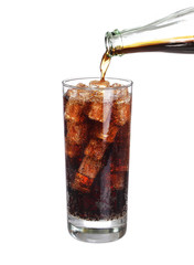bottle pouring coke in drink glass with ice cubes Isolated on wh