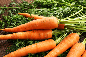 Fresh organic carrots with green tops, closeup