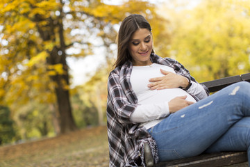 Young pregnant woman sitting in the autumn park