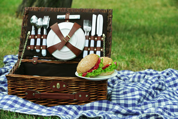 Wicker picnic basket, tasty sandwiches  and plaid on green grass, outdoors