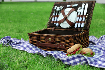 Wicker picnic basket, tasty sandwiches  and plaid on green grass, outdoors