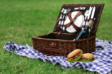 Wicker picnic basket, tasty sandwiches  and plaid on green grass, outdoors