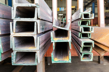 Close up heap of U shape beam steel