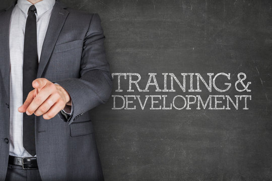 Training and development on blackboard with businessman
