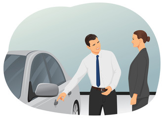 Smiling salesman is showing new car to a woman customer