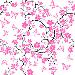Obraz na płótnie Canvas Twig cherry blossoms and butterfly. Seamless