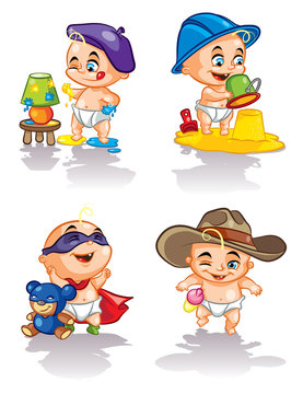 Illustration of sweet babies in funny, interesting and cute situation