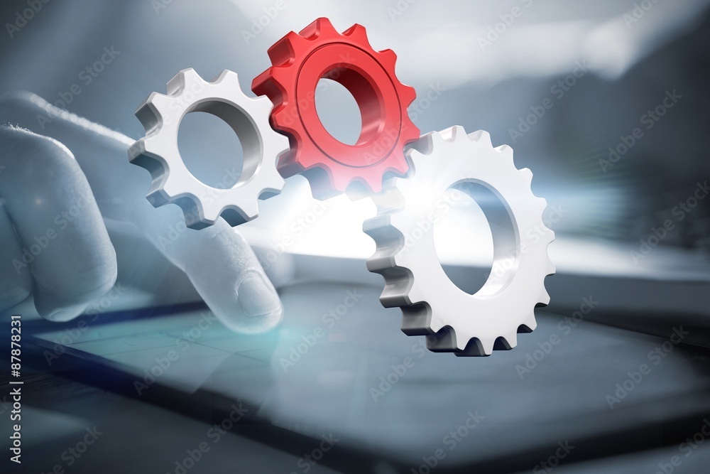 Poster composite image of white and red cogs and wheels