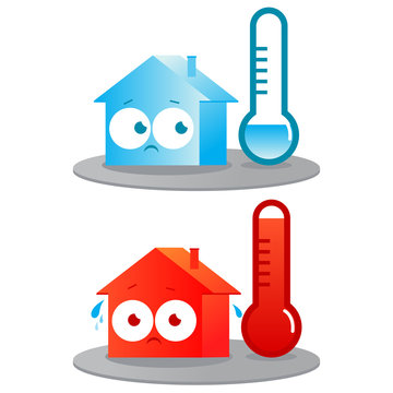 Hot And Cold House. Badly Insulated Buildings In Extreme Temperatures. Vector Illustration