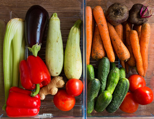 Harvest vegetables: celery, zucchini, eggplant, bell peppers, ginger, carrot, beet, cucumber, tomato