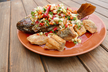 fried fish with carrot, shallot, peanut, chili