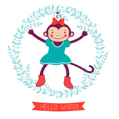 Hello winter concept card with monkey - symbol of 2016 new year