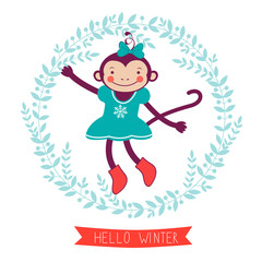 Hello winter concept card with monkey - symbol of 2016 new year