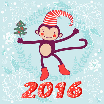 2016 card with cute funny monkey character