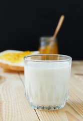 Breakfast with bread, jam and milk
