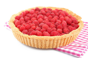 Tart with fresh raspberries, isolated on white