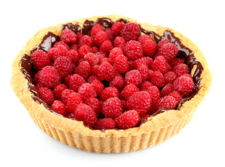 Tart with fresh raspberries, isolated on white