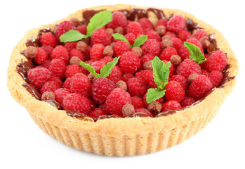 Tart with fresh raspberries, isolated on white