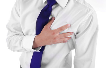 Man having chest pain - heart attack. On white background