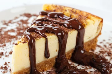 Fototapete Dessert Käsekuchenscheibe mit geschmolzener und zerstoßener Schokolade