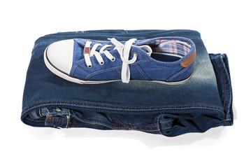 Jeans and blue sneakers