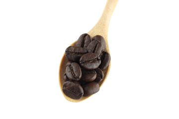 Coffee beans in wooden spoon isolated on white.