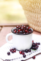 Red gooseberry in cup on wooden table close-up outdoors