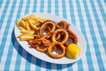 Fried calamari/Deep fried calamari rings with potato in restaurant. Plaid cloth background.