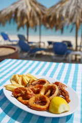 Fried calamari/Deep fried calamari rings with potato in restaurant. Plaid cloth background.