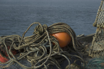 sea fishing buoys and rope on quay