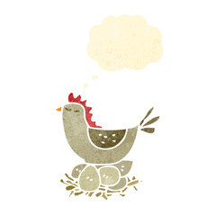 retro cartoon hen on nest of eggs