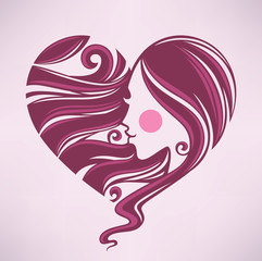 girls wiht hair look like a heart, common beauty, vector image o