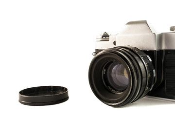 Retro black camera and film