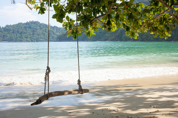 beach life, a wood swing under the tree on the nice white sand beach, Thailand