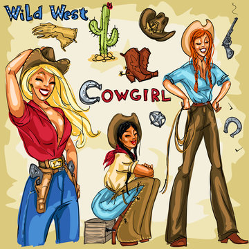 Cowgirls hand drawn collection. 