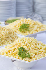 Luxury food and drinks on wedding table.