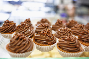 Sweet cakes/Chocolate small cupcakes ready to eat. Tasty delicious sweet food in candy shop.