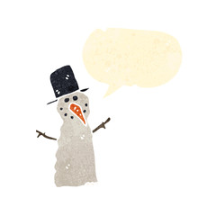 retro cartoon snowman with speech bubble