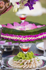 Luxury food and drinks on wedding table.
