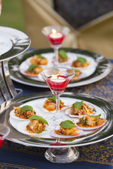 Luxury food and drinks on wedding table.