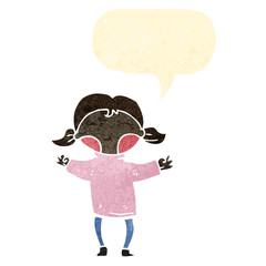 retro cartoon happy girl with speech bubble