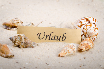 urlaubschild in sand zwischen muscheln