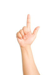 female hand touching or pointing to something isolated on white background
