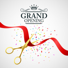 Grand opening illustration with red ribbon and gold scissors - obrazy, fototapety, plakaty